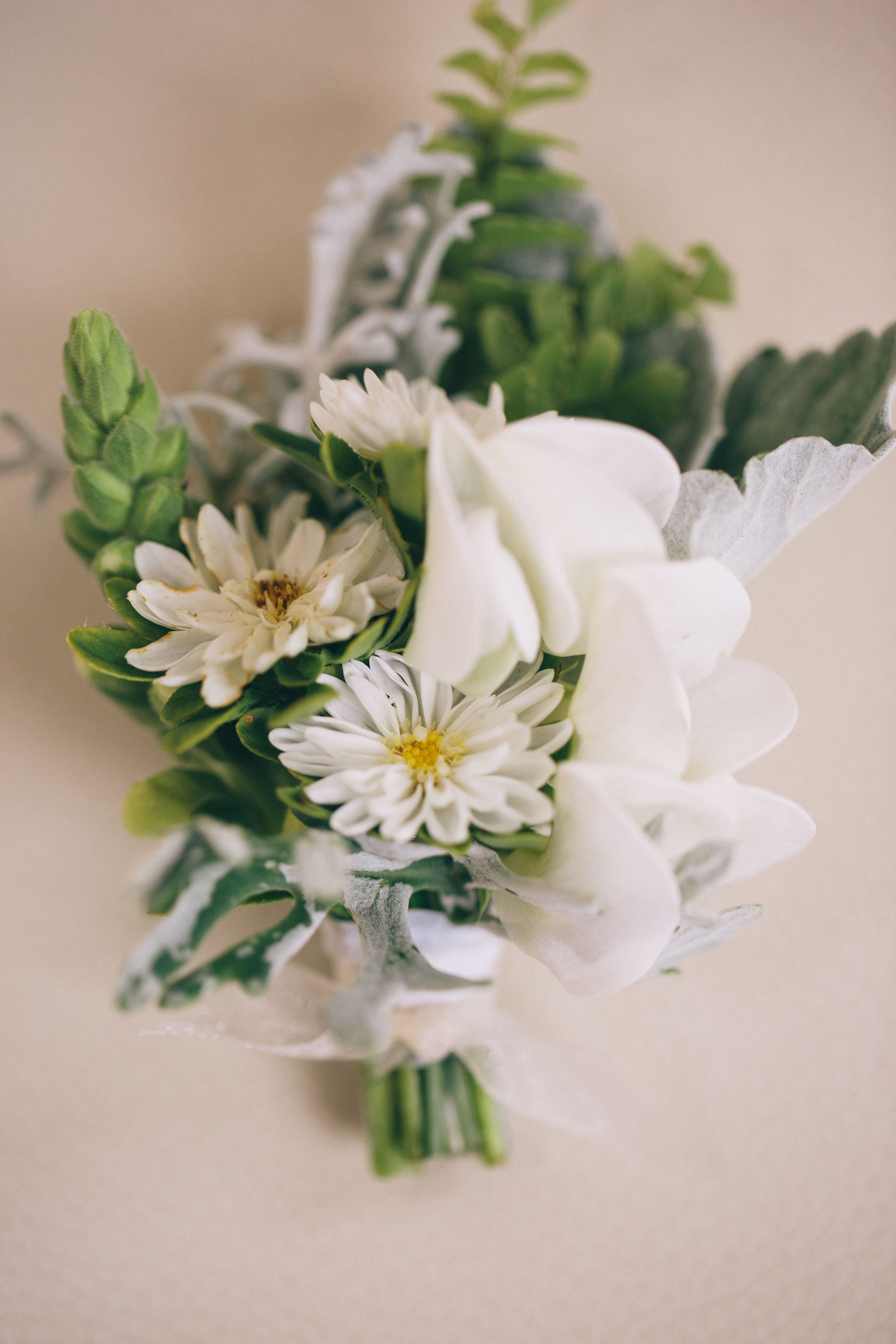 Boutonniere made of white flowers and summer greenery